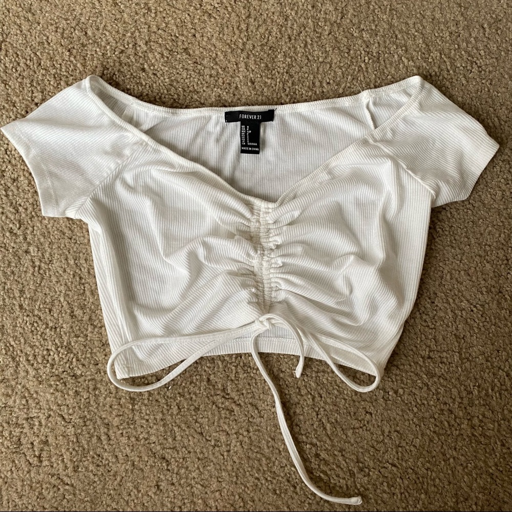 White ruched drawstring tie front crop top